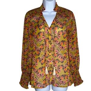 LOST + WANDER Gardens At Giverny Floral Smocked Button Down Yellow Blouse Top S